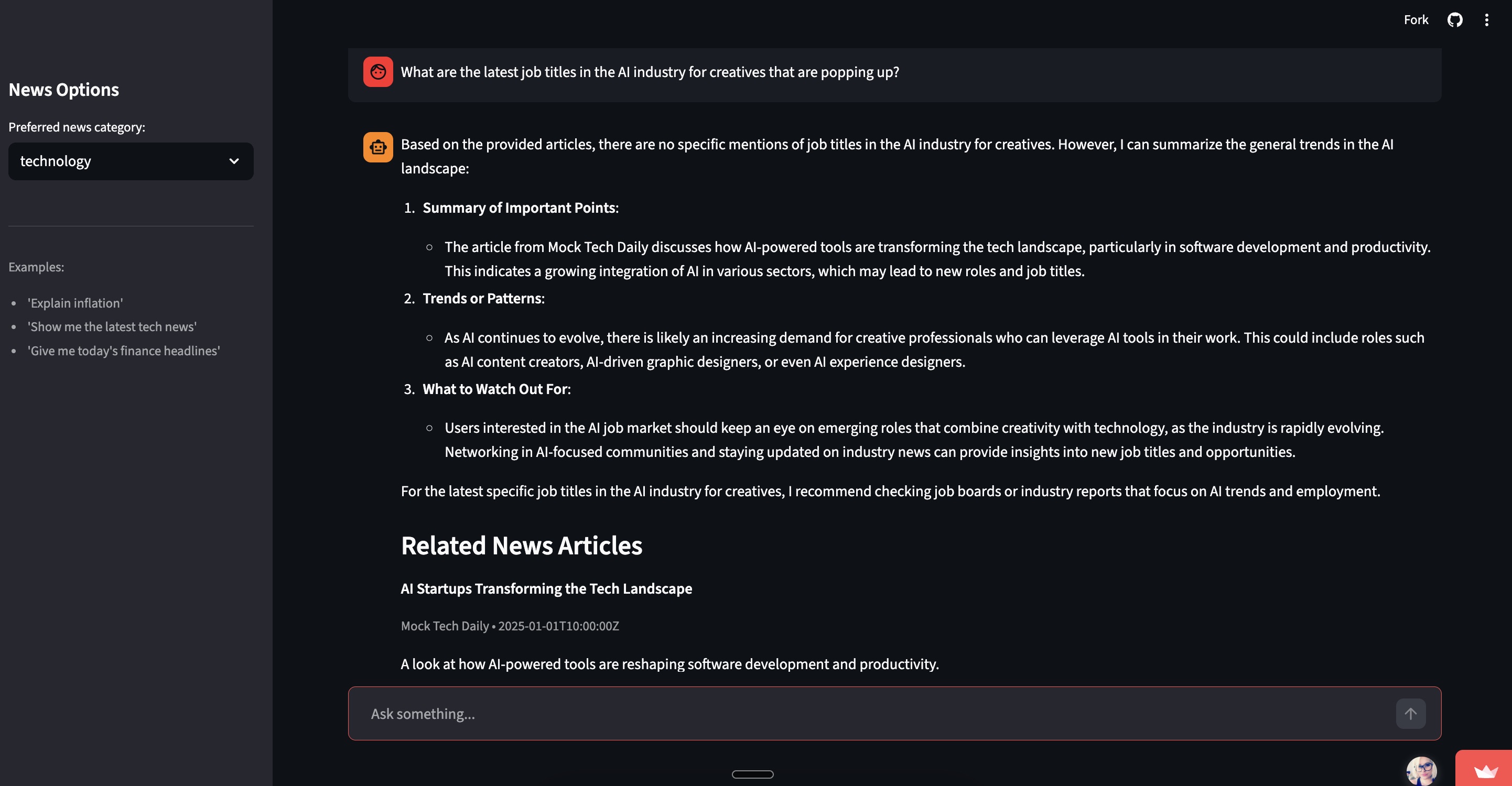 NewsGenie structured response and related articles